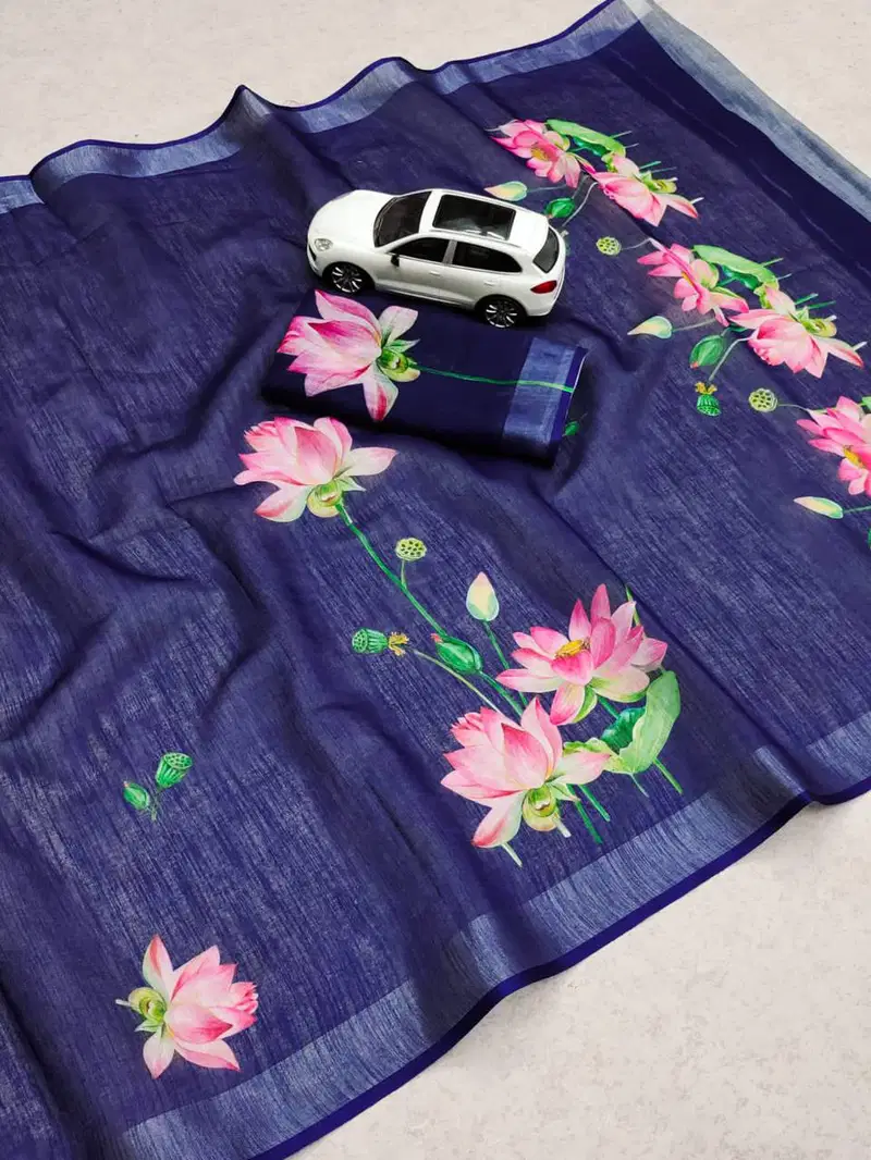 MG 311 Silver Jari Patta Linen Printed Sarees Wholesale Market IN Surat